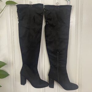 Shoe Vibe Women’s Black Faux Suede Thigh High Over The Knee Heeled Boots Size 9
